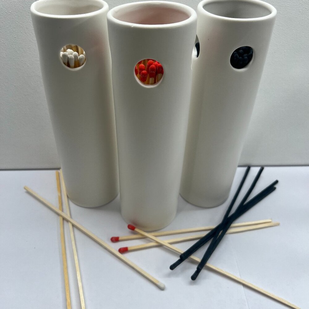 White Ceramic Matchstick Holder with 50 - 7" Matches and Striker Pad